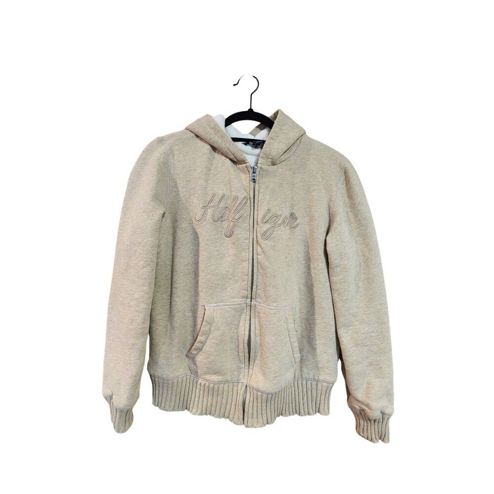 Tommy Hilfiger Womens Beige Zip-Up Hoodie W/ Sherpa Lining & Embroidered Logo M